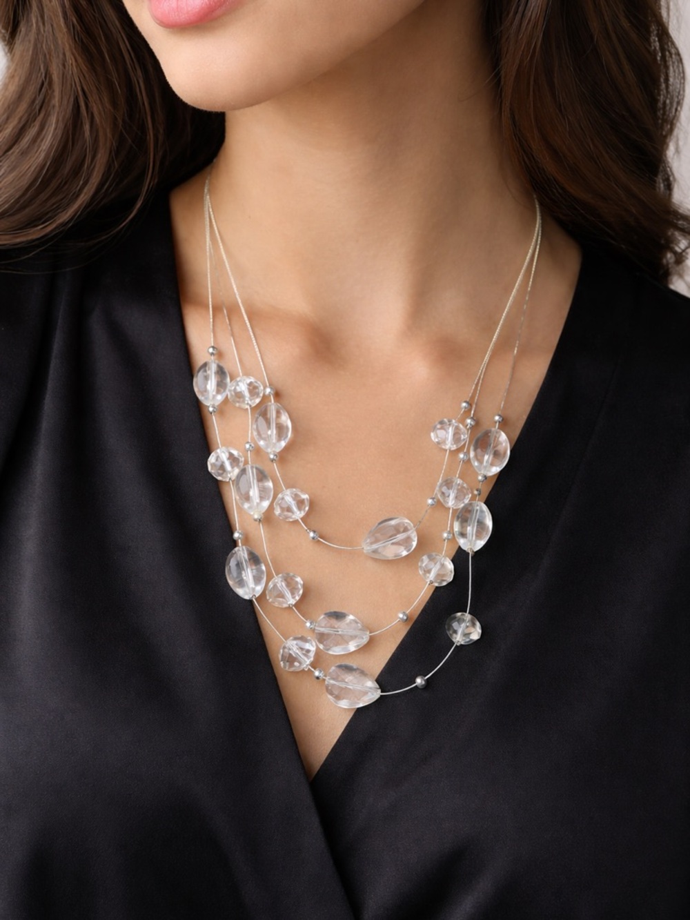 Handmade Vintage 3 Strand Necklace with Clear Glass Floating Beafs